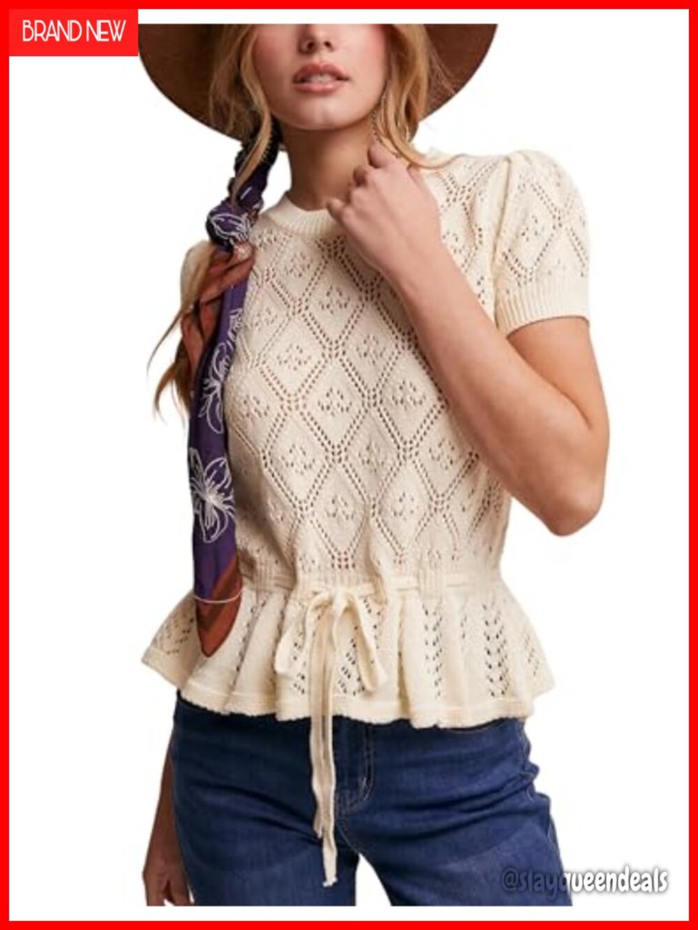 Women's Crochet Knit Peplum Top Short Sleeve Tie Front
